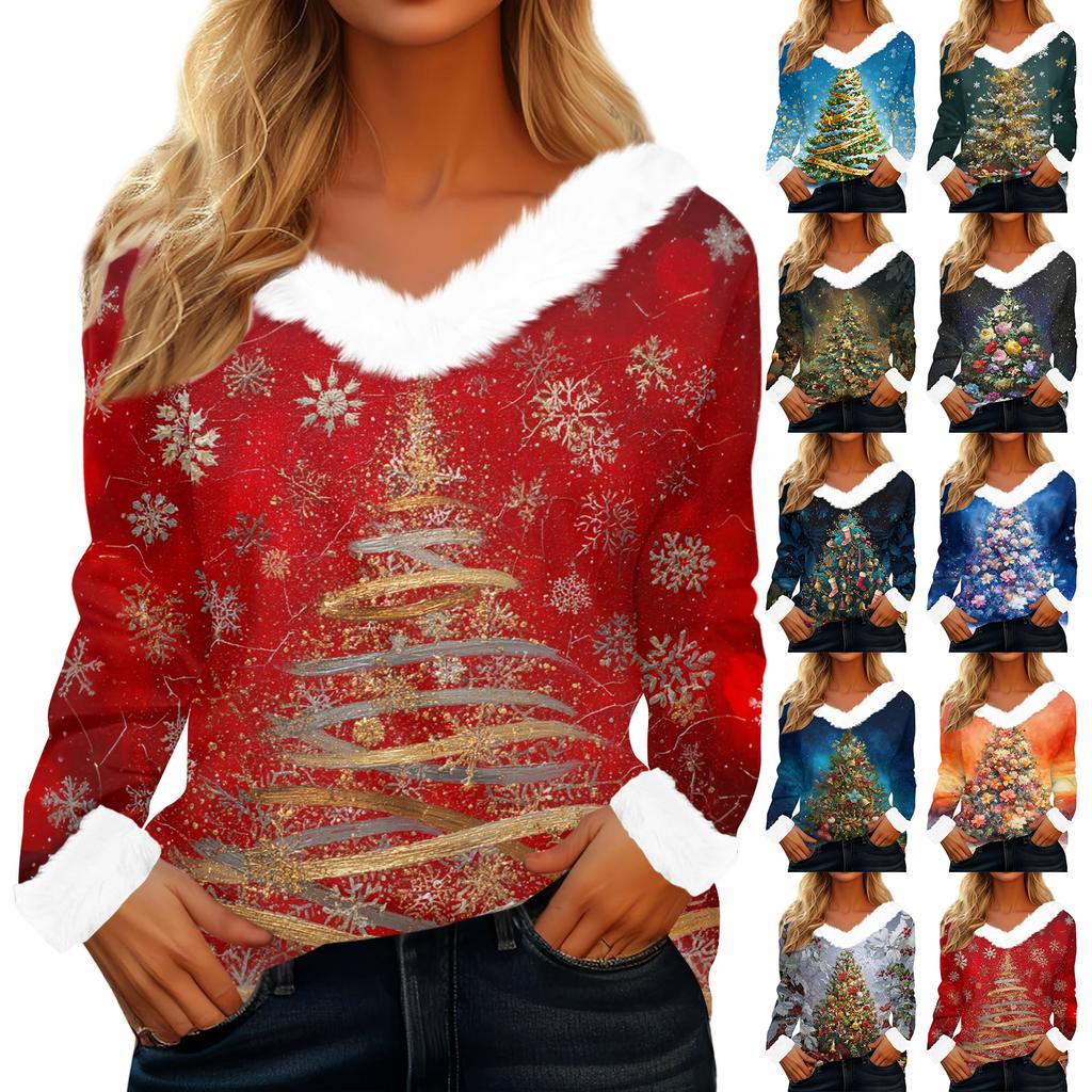 Dámské tričko Tričko Vánoční tričko s dlouhým rukávem Party Vánoční potisk Fleece s límcem s výstřihem do V