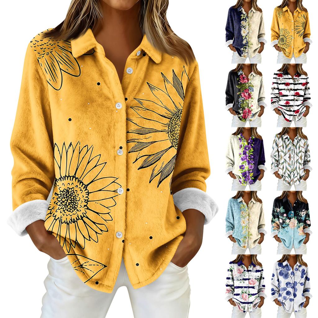 Women's Shirt Blouse Print Button Long Sleeve Casual Basic Shirt Collar Top