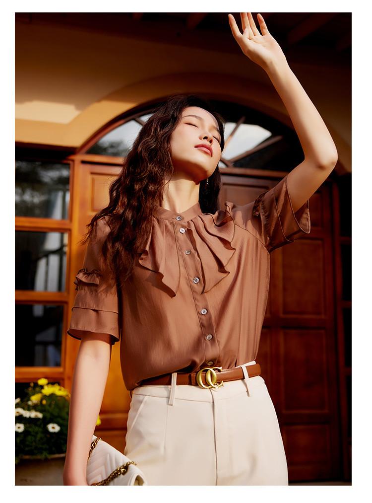 [Shirt] Summer solid color temperament commuting elegant slimming women's short-sleeved top