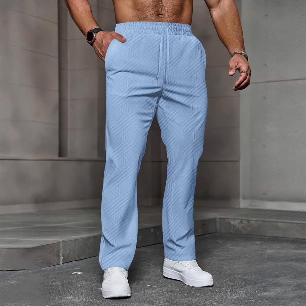 Men's Casual Jacquard Drawstring Loose Fit Solid Color Pocket Sports Pants Comfortable Elastic Waistband Activewear Bottoms