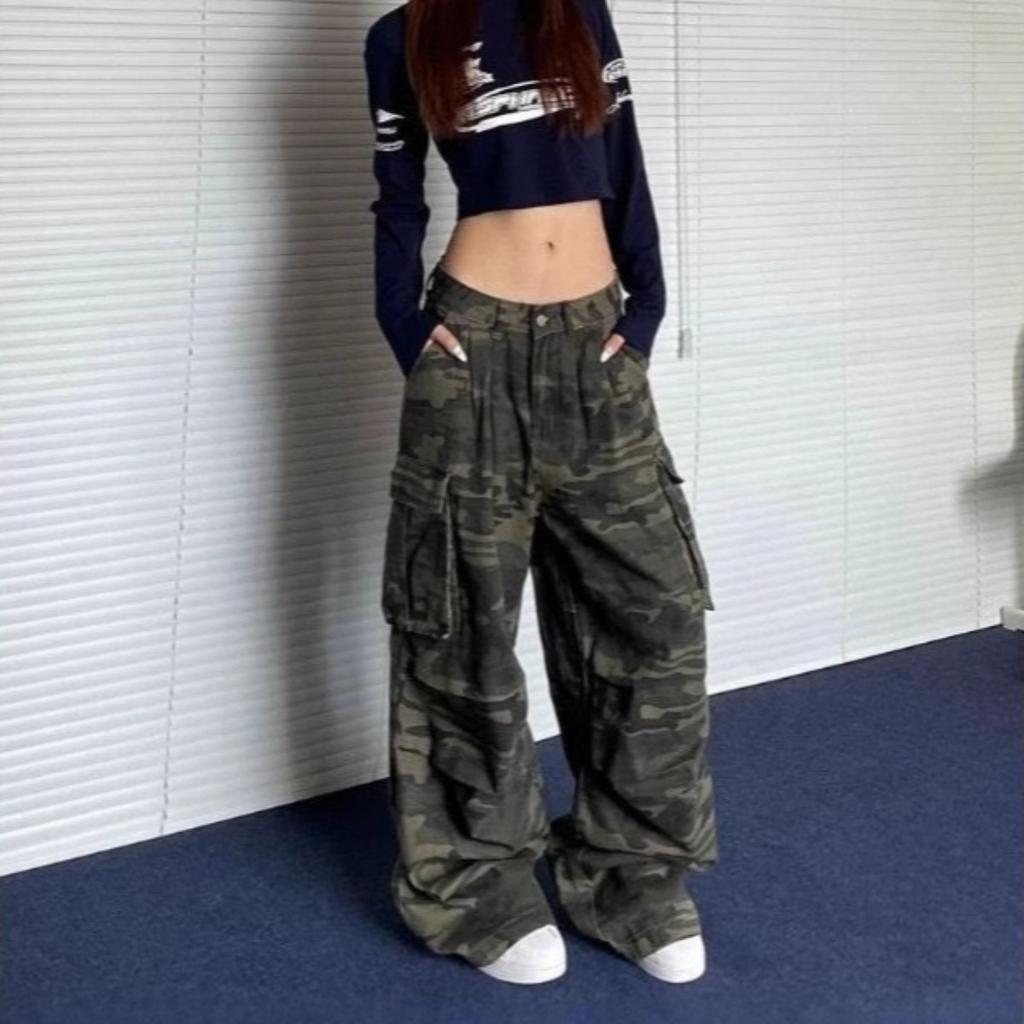 LUXEON Militärgrüne Damenjeans Hohe Taille Vintage Gerade Baggy Y2K Denimhose Hip Hop Amerikanische Mode Weiter Bein Denimhose