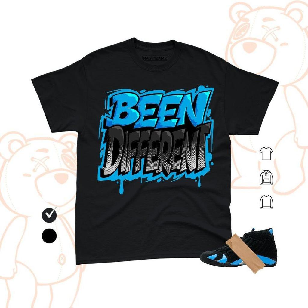 AJ 14 University Blue Become Different Streetwear Graphic Tee, Unisex Casual Tee, Sneaker Match Shirt and kids tshirt, Bella Canvas Color Black Blue