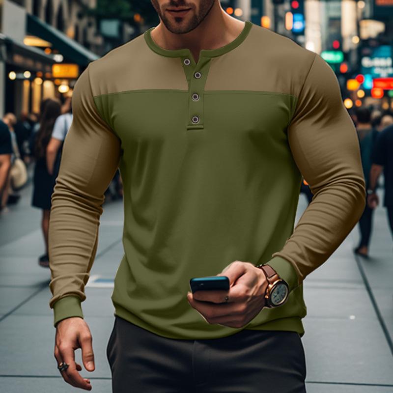 Vintage Patchwork Mens Crew Neck T Shirts Autumn Long Sleeve Contrast Color Buttoned Tops for Men Casual Slim Pullover Male Tees