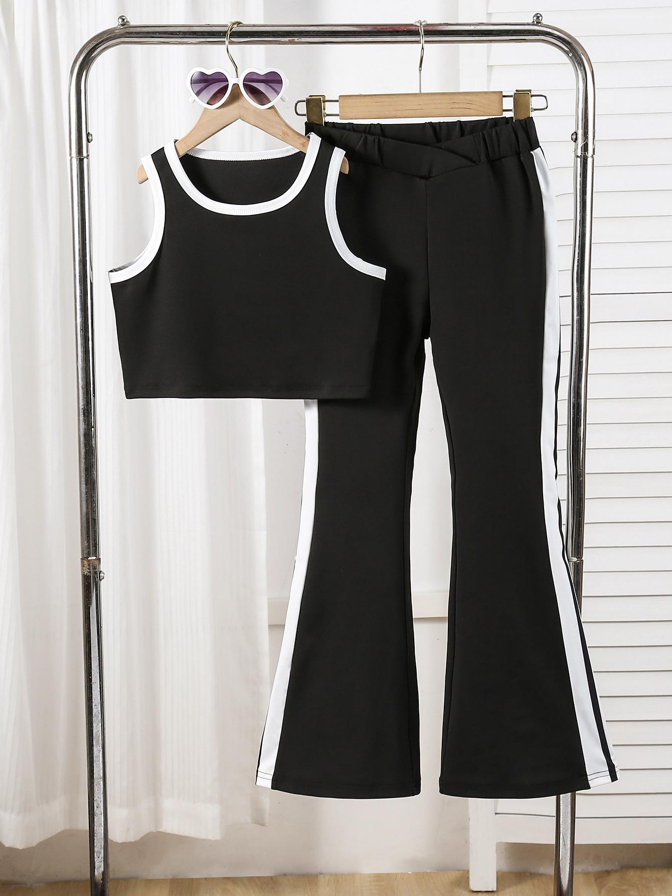 Girls  Summer Two-Piece Set: Athletic-Style Crewneck Tank Top and Versatile Casual Flared Trousers 8Y чёрный