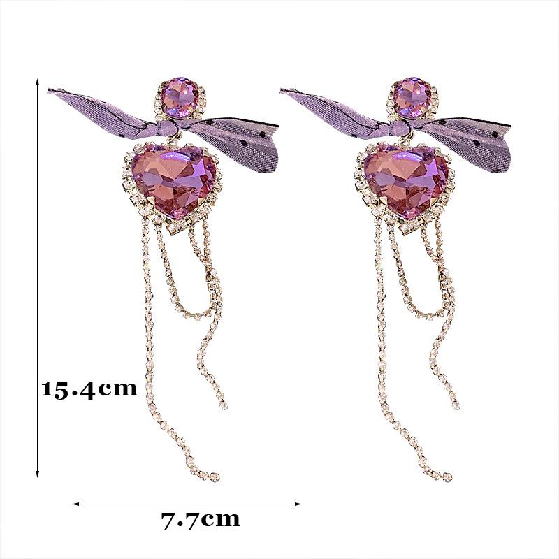 Crystal Heart Earrings for Women Purple Bow Pendant Drop Earring Temperament Rhinestone Tassel Zircon Female Wedding Gift