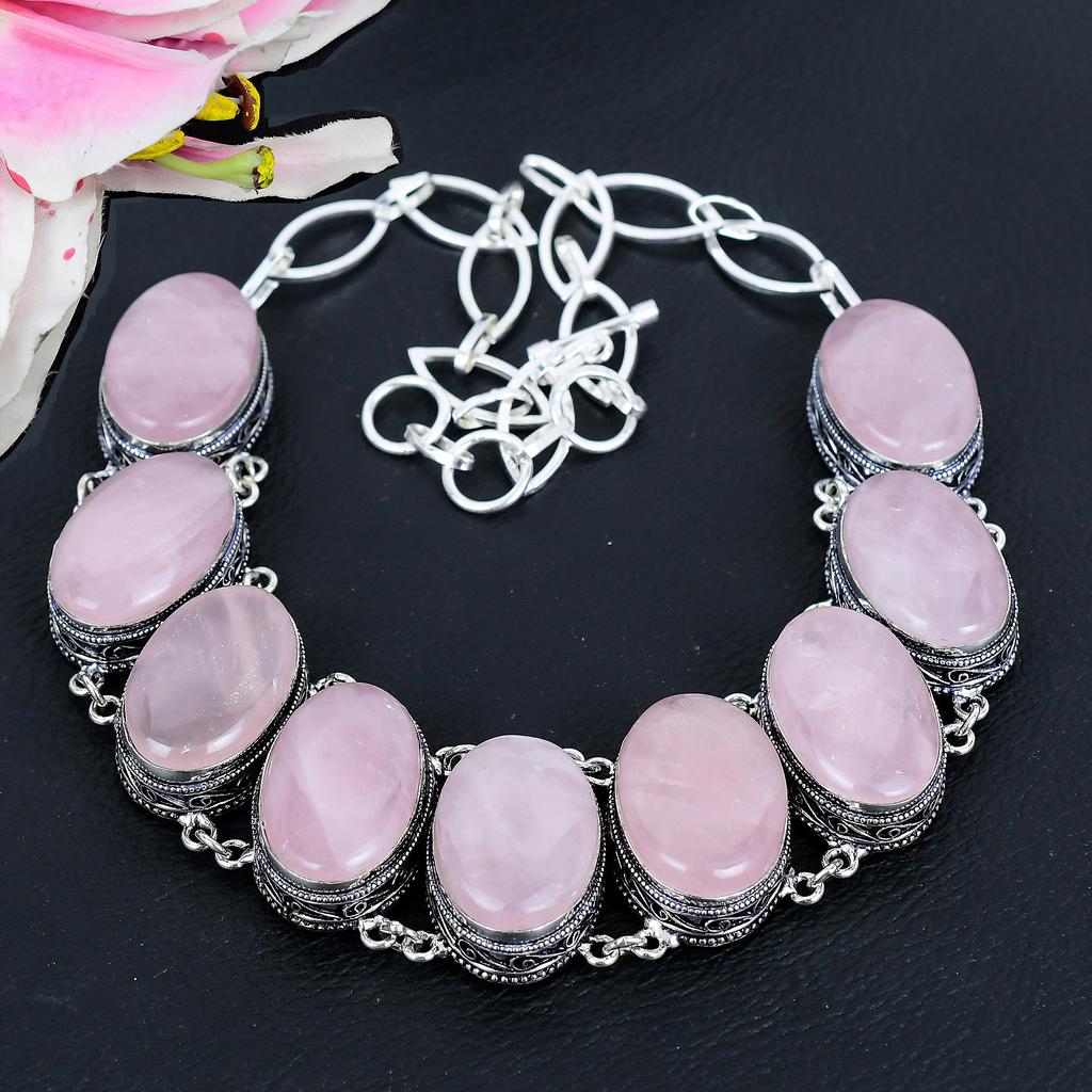 Rose Quartz Gemstone Handmade 925 Sterling Silver Jewelry Necklace 18" KG-1657