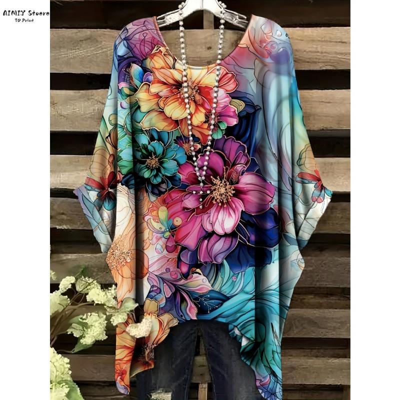 2025 Elegant Bohemian Women's T-shirt Flower Butterfly Bottom Round Neck Multi functional Summer Machine Washable