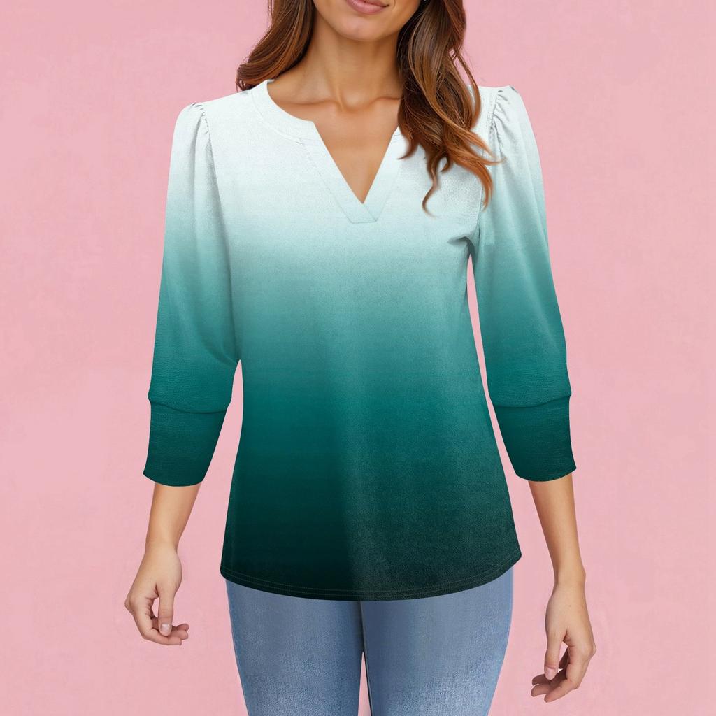Damenmode Lässig 3/4 Ärmel Print Hemd Damen V-Ausschnitt Oberteile