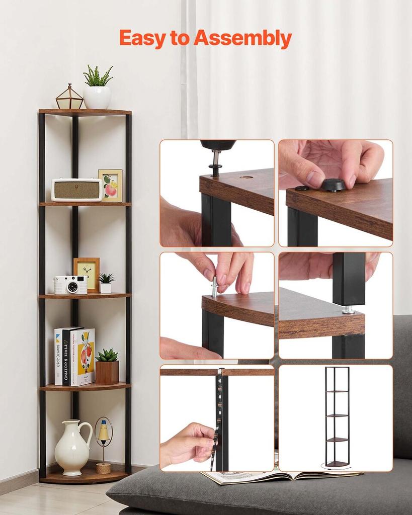 Scaffale Angolare a 5 Piani, Supporto Angolare Alto con Luce LED, Organizzatore Torre Scaffali a Muro con Telaio in Metallo e Ripiani in Legno, Stretto Espositore per Libri
