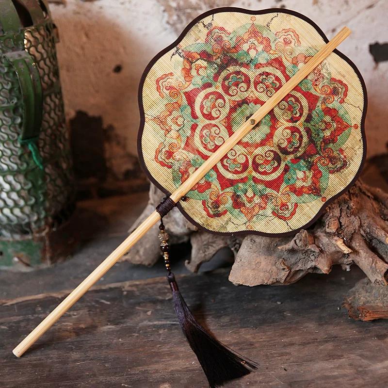 Dunhuang Retro Fine Bamboo Fan, Round Fan with Tassels and Long Handle, Can Be Curled Into a Palace Fan for Dancing and Photography