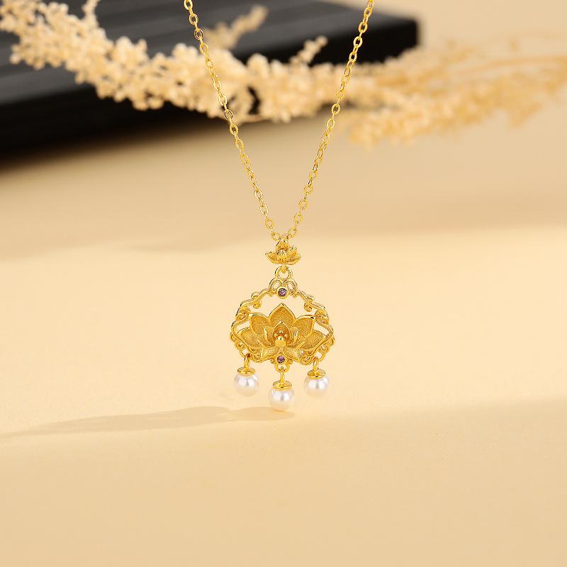 Pearl Lotus Peace Lock Necklace Girl China-Chic Girlfriend Gift Collar Chain