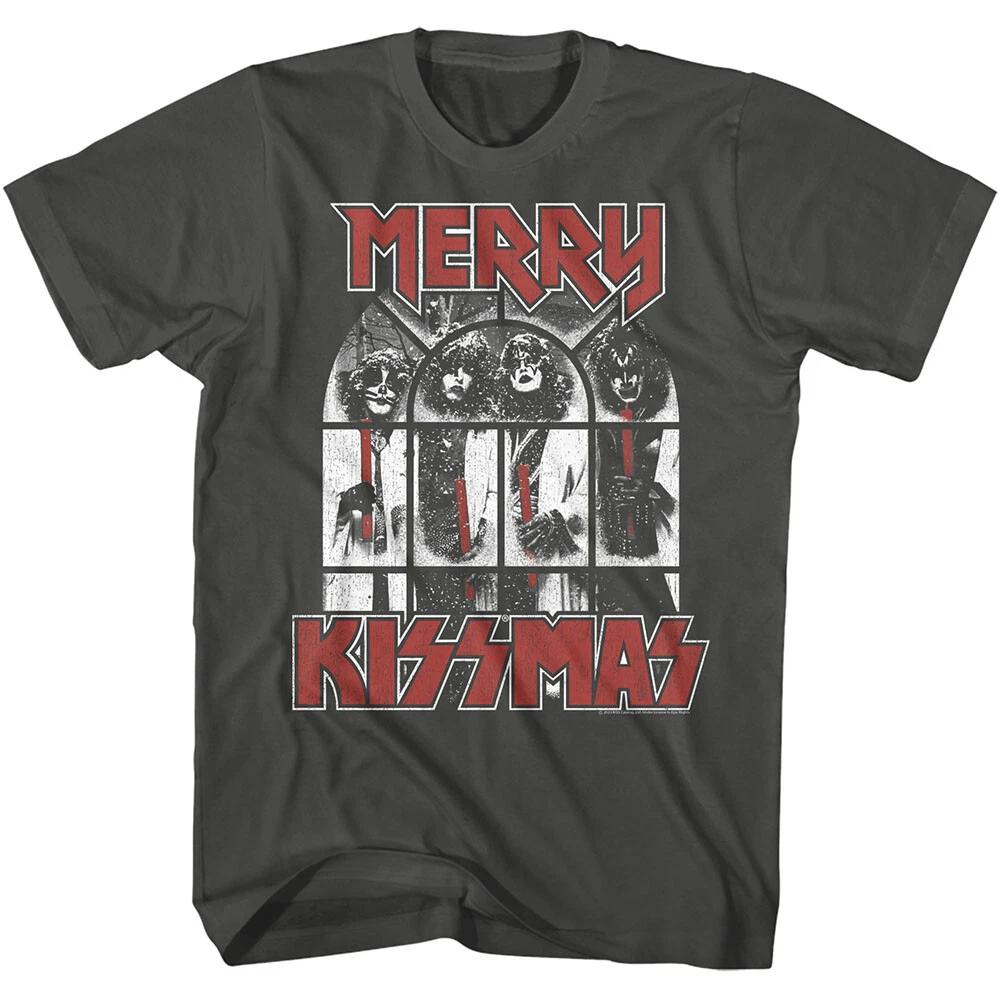 Kiss Group In Snowy Window Merry Kissmas Men s T Shirt Rock Music Band Merch M