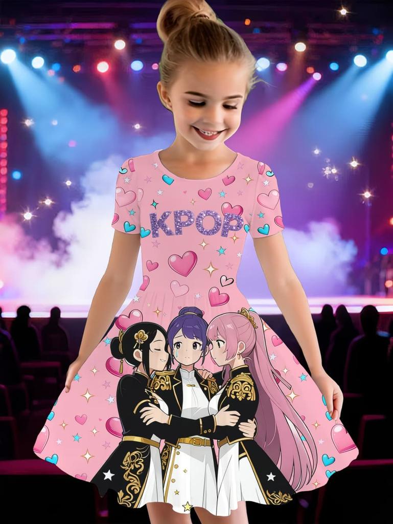 Kpop Cartoon Grafikkleid für Mädchen Lustiges Geschenk für Fans Harajuku Mädchen Kleidung Sommer Oberteile Kurzarmkleid Kinderkleidung