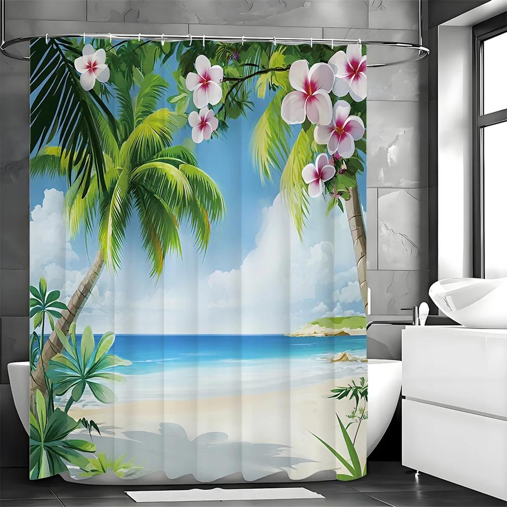 Ocean Beach Coconut Tree Shower Curtain, Bathroom Decorative Shower Curtain, Waterproof Shower Curtain with Hooks
