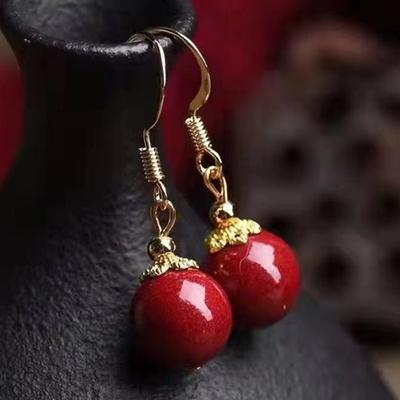 Orecchini pendenti con perline di pietre rosse rotonde vintage per donna, orecchini con gancio color oro, gioielli da festa
