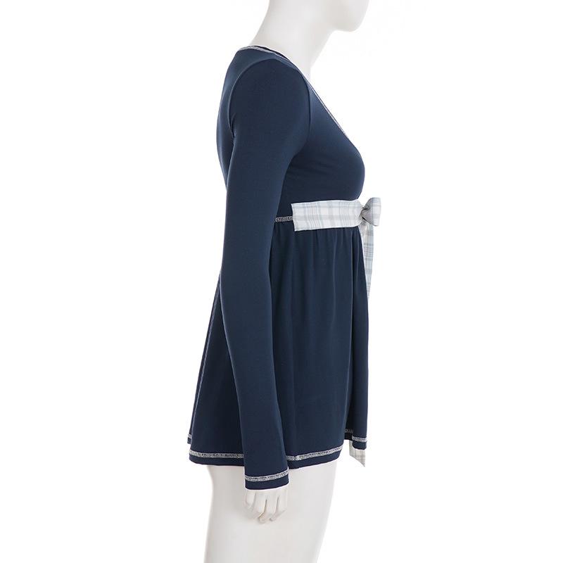 Plaid Bow Tie Lace-up Waist-cinch Babydoll Top - European/American Sweet Style Long-sleeve T-Shirt