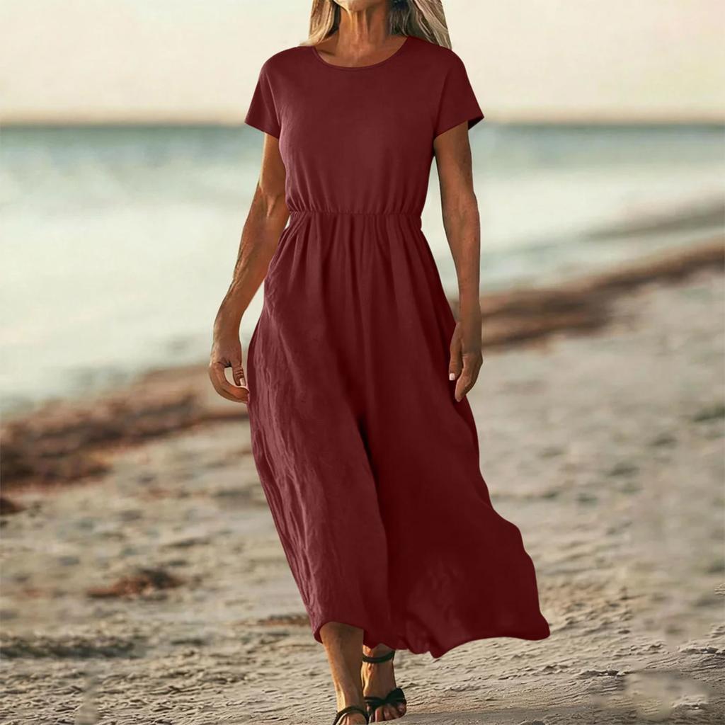 O-Neck Dress For Women Casual Comfy Cotton Linen Short Sleeve Tunic Beach Dresses With Pockets