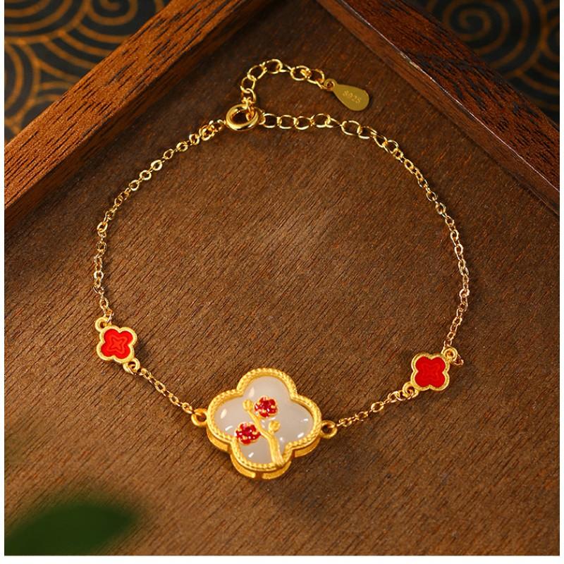 Elegant Chinese-Inspired Gold-Plated Clover Jewelry Set With Faux Jade Stones Women O-Chain Necklace Earrings Pendant