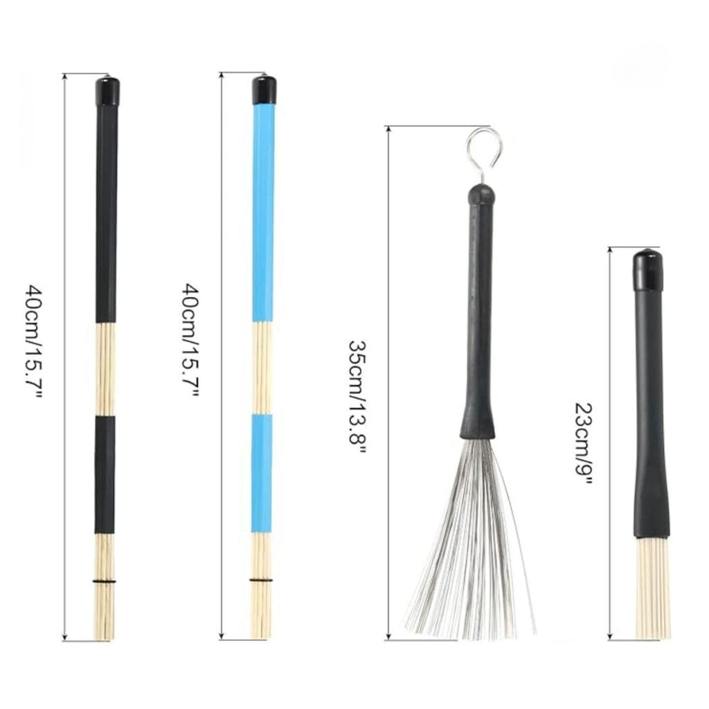 Chandini 9-Piece Drumstick and Brush Set for Jazz, Brush, and Slide Playing, Includes Bamboo Rod, Wire, and Nylon Drums, and Storage Bag