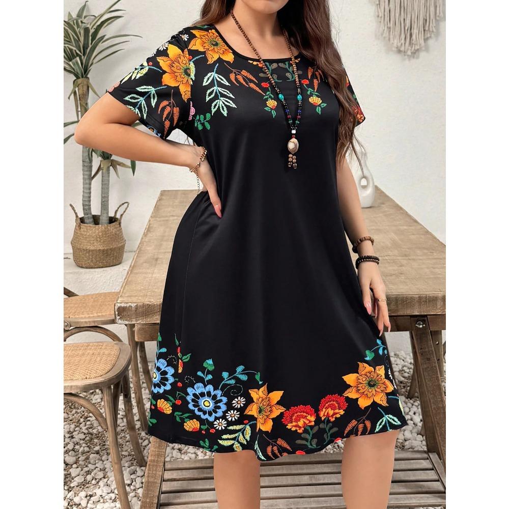 Women Floral Print Round Neck Short Sleeve Casual Dress Summer Bohemian Style Holiday Loose Oversized Dress
