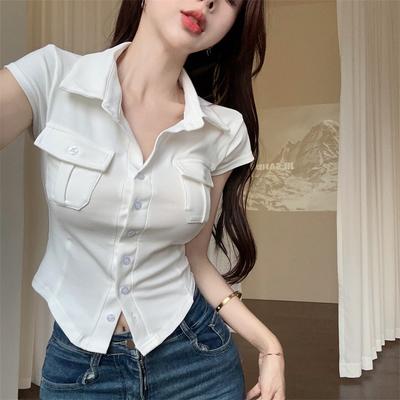 Women's Polo Collar Short Sleeve Shirt Slim Fit Solid Color Pocket Decor Cropped Blouse