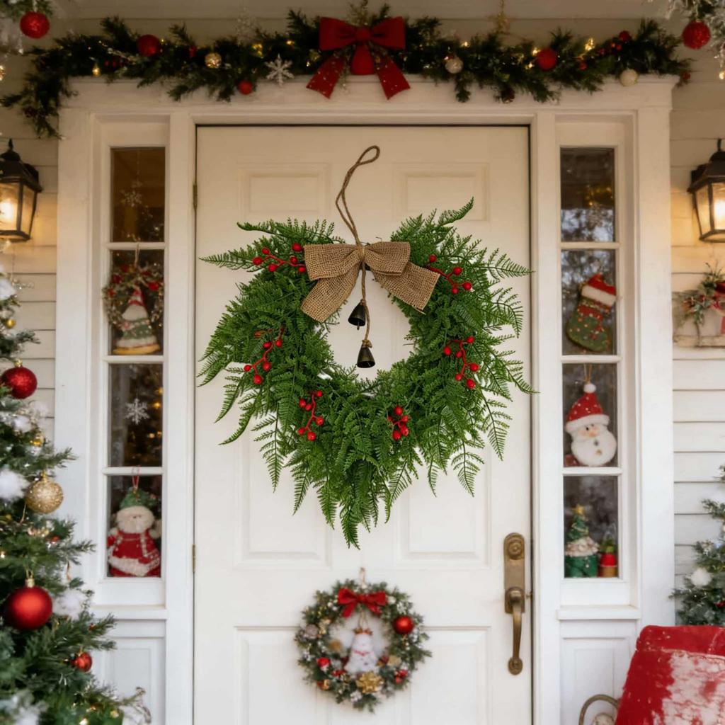 Christmas Bell and Bow Flower Wreath - Festive Front Door Hanging Decoration
