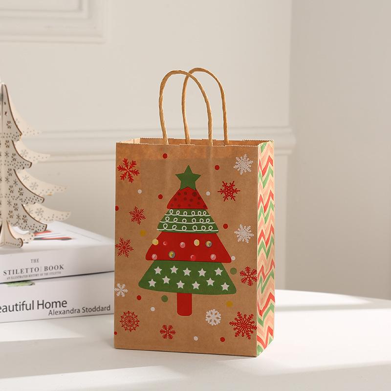 Christmas Kraft Paper Gift Bags with Snowflake and Reindeer Designs - Holiday Shopping and Clothing Packaging Tote Bags