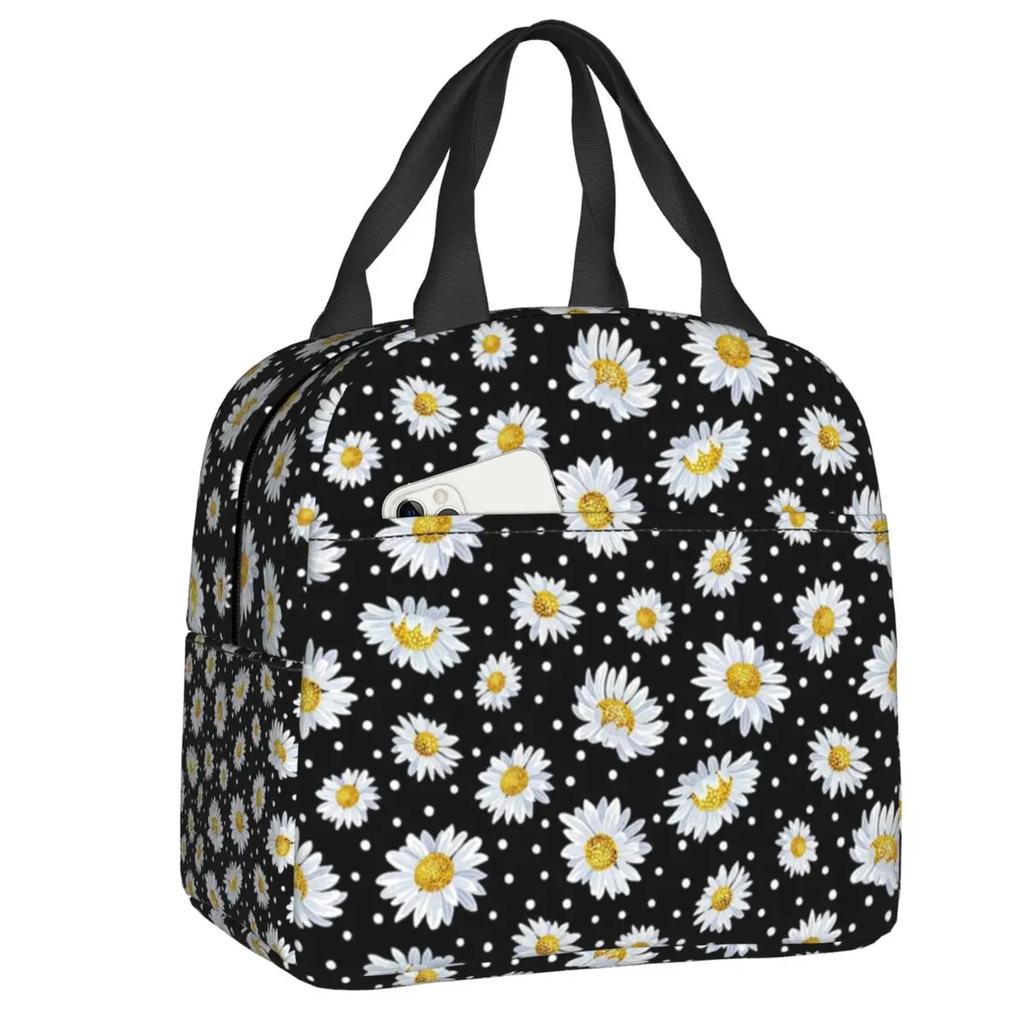 Custom Daisy Floral Lunch Bag Women Cooler Thermal Insulated Daisies Flower Lunch Box for Kids School Work Picnic Food Tote Bags