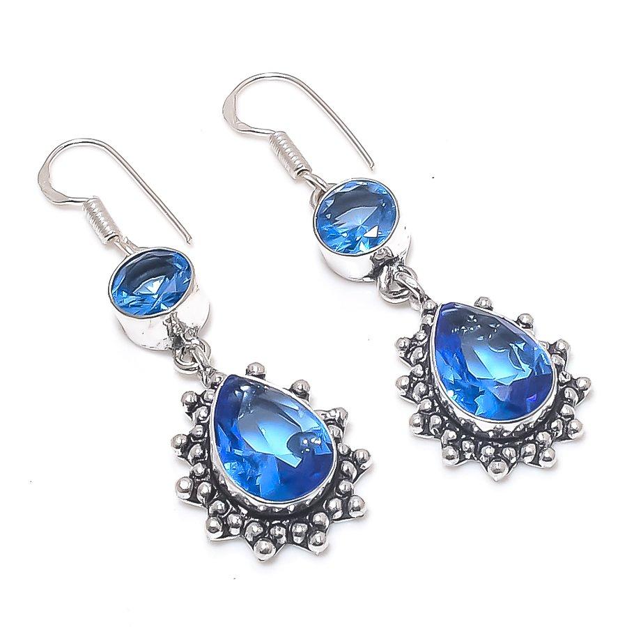 Natural Swiss Blue Topaz Gemstone 925 Sterling Silver Earring 2.17" G3L99