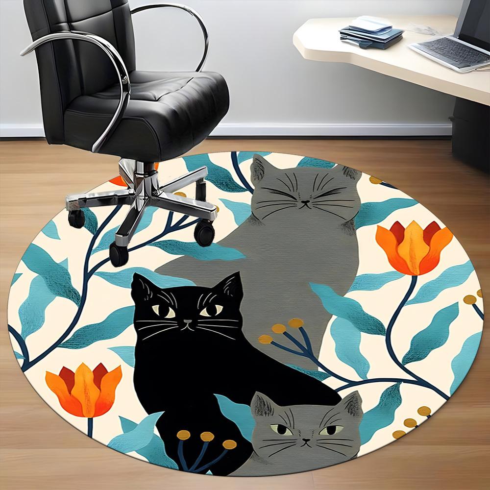 1pc Cat Floral Office Round Area Rug,  Mat Suitable For Office, Under Office Chairs Bedroom Living Room Home Decor, Room Deco