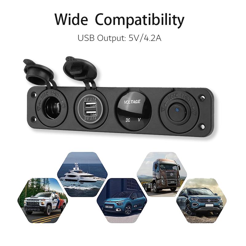 4 az 1-ben tengeri kapcsolópanel 12 V-os kettős USB töltőaljzat tápcsatlakozóval LED voltmérő aljzat BE/KI gomb kapcsoló