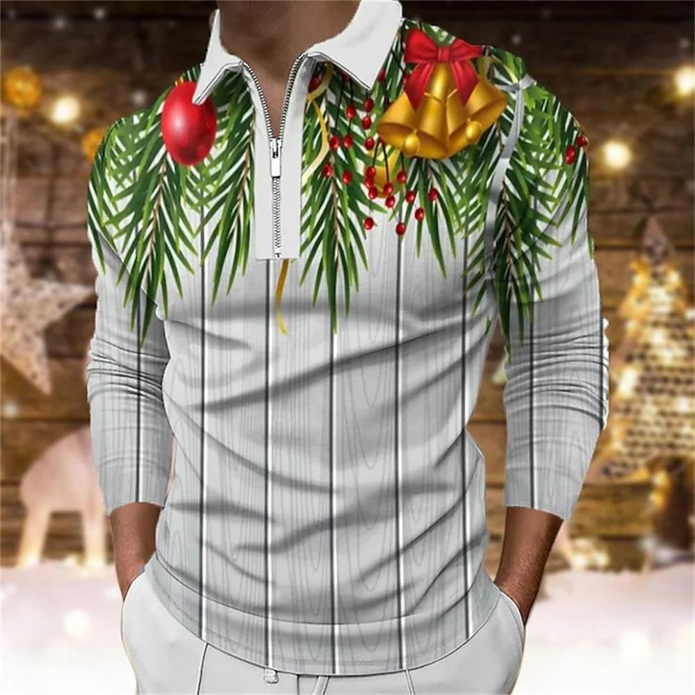 Father Christmas cartoon pattern digital 3D printing polo shirt large size loose men's zip lapel shirt