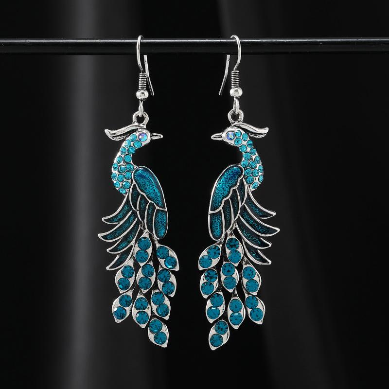 New Chinese retro ethnic style peacock painted earrings exquisite diamond-encrusted long fringed earrings high-end earrings women