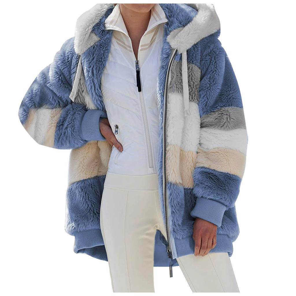 Autumn and Winter Warm Plush Patchwork Zipper Pocket Hooded Jacket for Women
