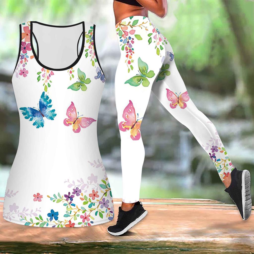 Spring Butterfly Print Yoga Outfit for Women Fashion Workout Leggings Fitness Sports Casual Yoga Set Sports Suit