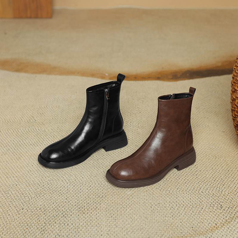 Krazing Pot Boty z kravské kůže podzim zima střední podpatky velikost 43 velikost 42 kulatá špička zip retro kožíšek udržují teplo kotníkové boty