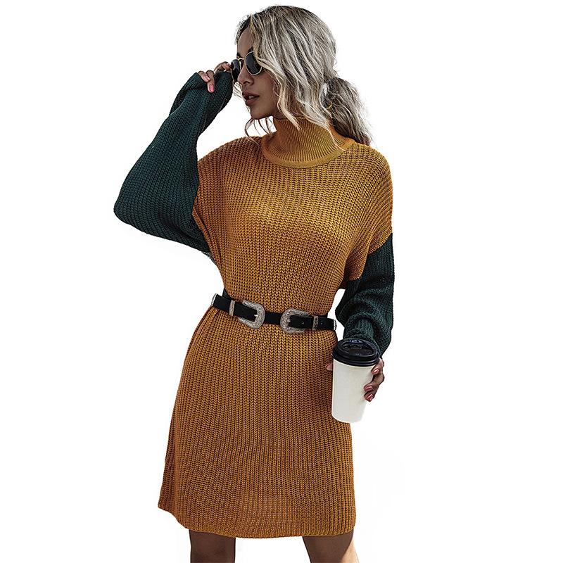 Casual Fashionable and Elegant Long-sleeved Knit Slim Colorblocking Sweater Dress Women's Long Section of The Hundred Kinds of Autumn and Winter