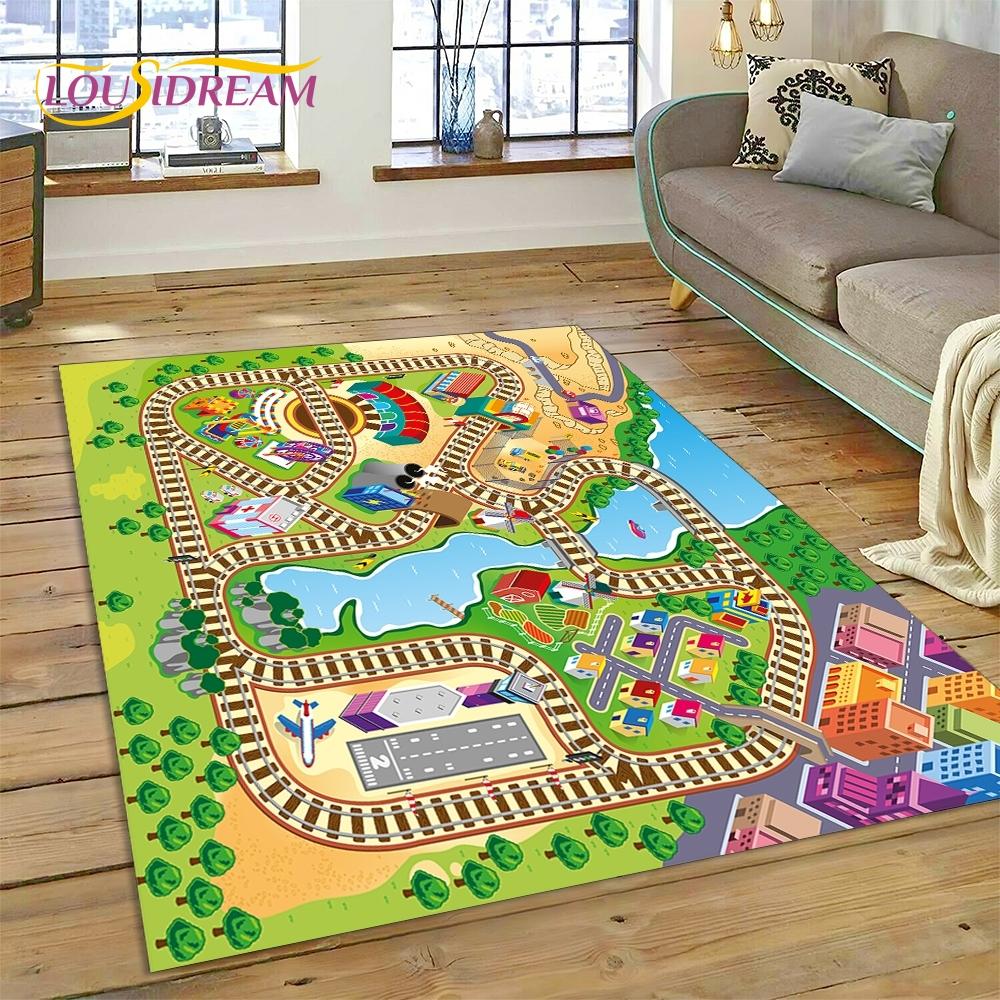 3D Autobahn Laufsteg Spielzimmer Stadtverkehr Straßenkarte Kinderspielmatte Teppich für Wohnzimmer Schlafzimmer Heimdekor, Rutschfest für Sofa