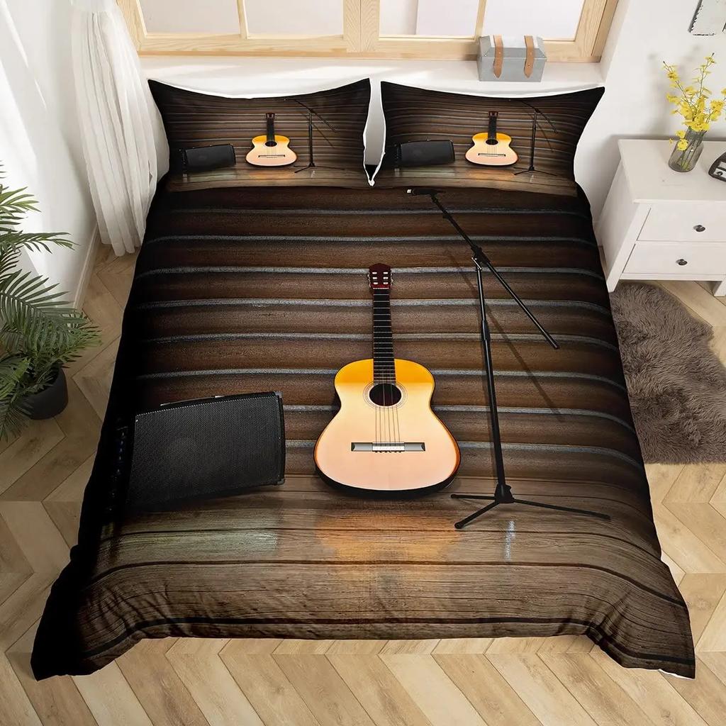 Guitar Duvet Cover Set King Queen Full Size Watercolour Style Polyester Comforter Cover for Kids Boys Girls Teens Bedding Set
