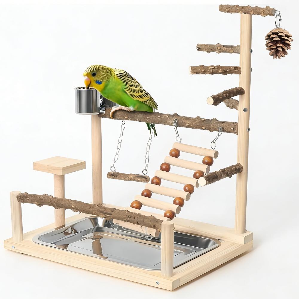 Wooden Bird Play Stand Natural Wood Parrot Playground with Ladder Swing Feeding Cup Cage Top Training Gym Perch for Parrots