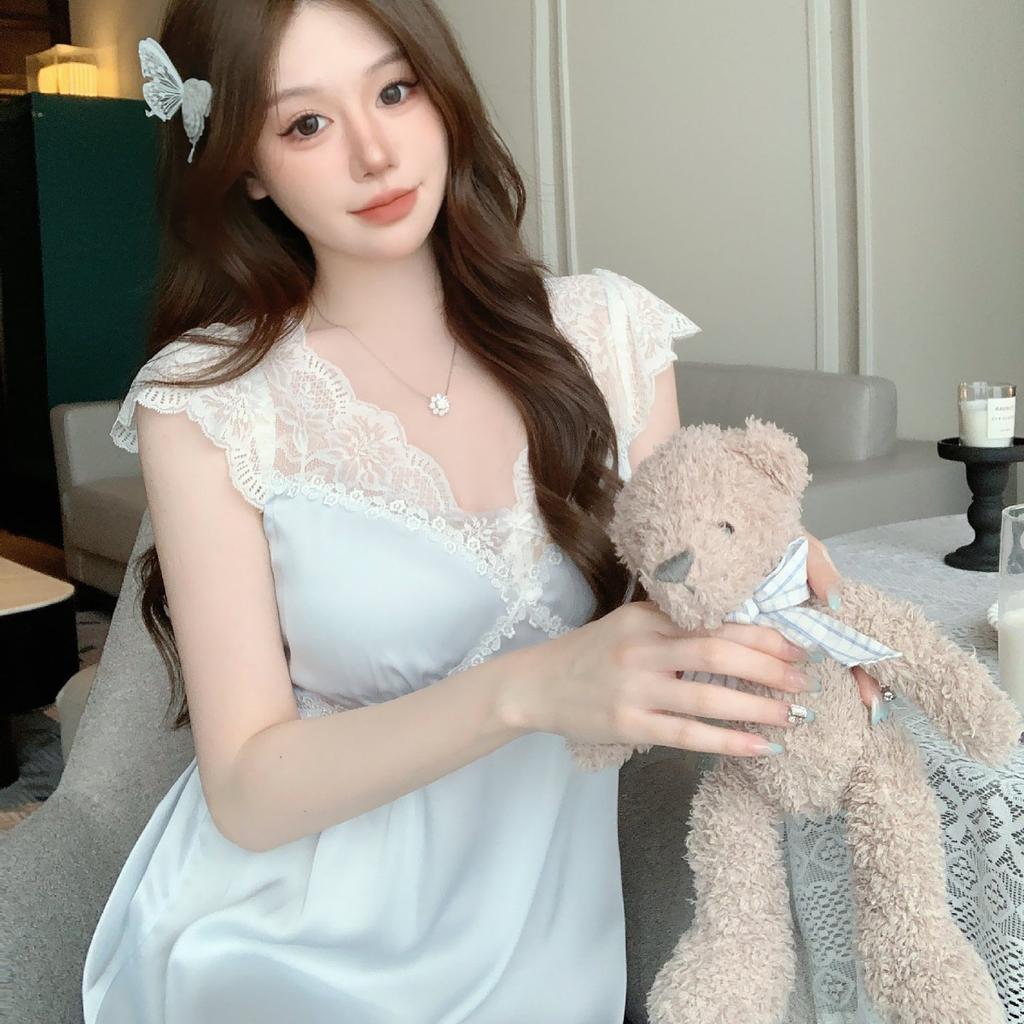 New sexy pajamas women's Ice Ribbon chest pad summer French lace nightdress medium and long loungewear can be crossed