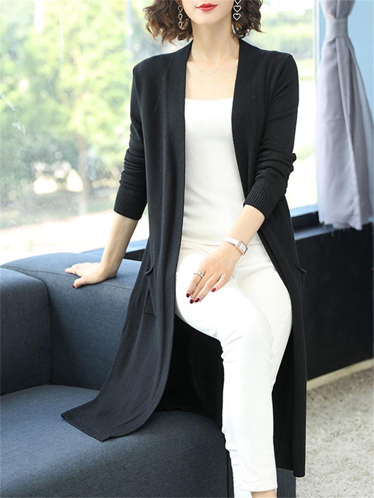 Übergroße Lässige Gestrickte Midilange Strickjacke Frühling Herbst Elegant Damen Locker Strickwaren Oberteile Koreanisch Langarm Pullover Mäntel