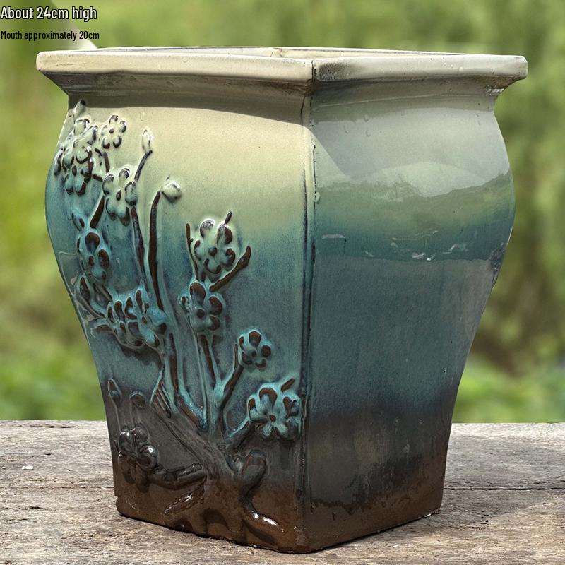 Creative Handmade Coarse Pottery Terracotta Pot - Large Square Glossy Glazed Planter with Low Breathable Rim for Succulents and Pothos