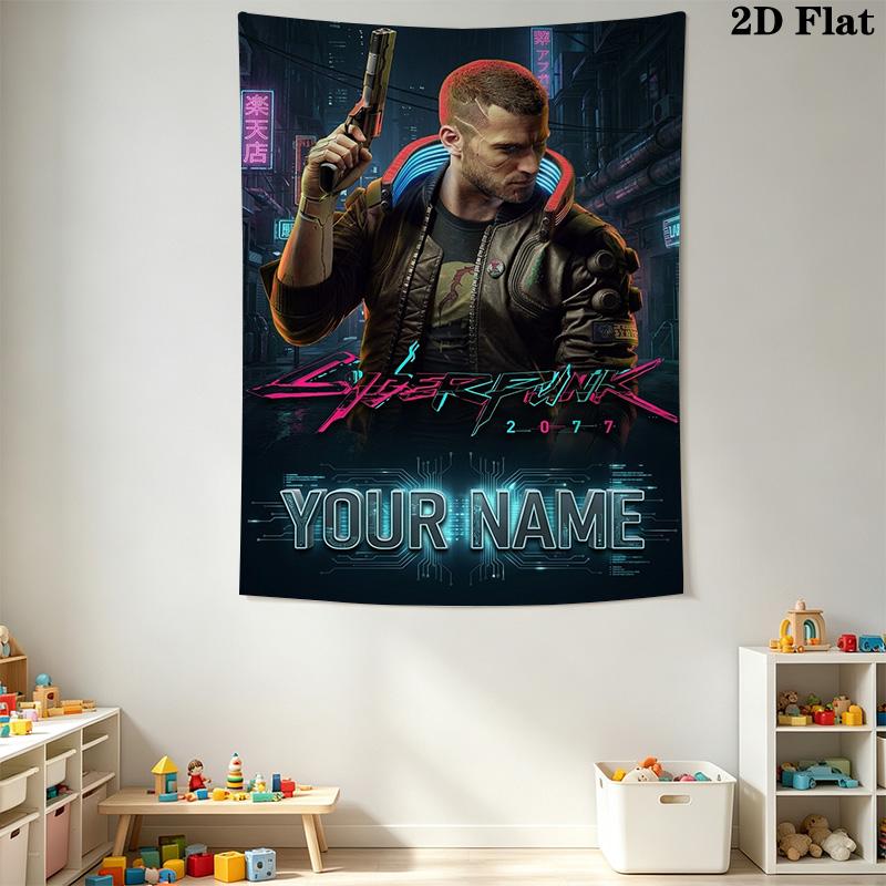 Name Custom Cyberpunk 2077 Wall Tapestry Aesthetic Wall Hanging Printed Fabric Blanket Decorative Tapestries for Bedroom Living Room Home Decor
