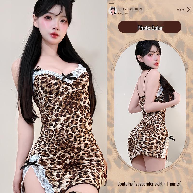 

Неглиже с леопардовым принтом, со съемными чашками и кружевным комплектом нижнего белья One Size (40-60 kg)