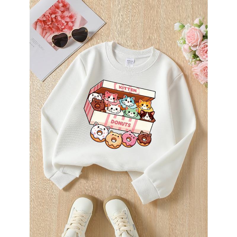 Kids Sweatshirt,Crew Neck Fashion Top, Fun "Cute Kitten Donuts Box" Patterned Sweatshirt, for Everyday Casual Wear, for All Kinds of Daily Outfits