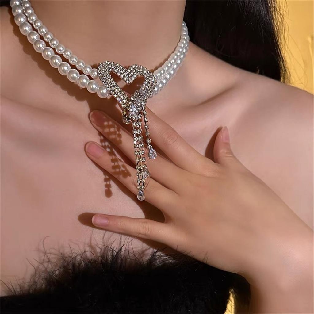 Fashion Light Luxury High Tooxika Sense Of Double Pearl Flash Diamond Love Tassel Necklace Necklace Collar Chain Collarbone Chain