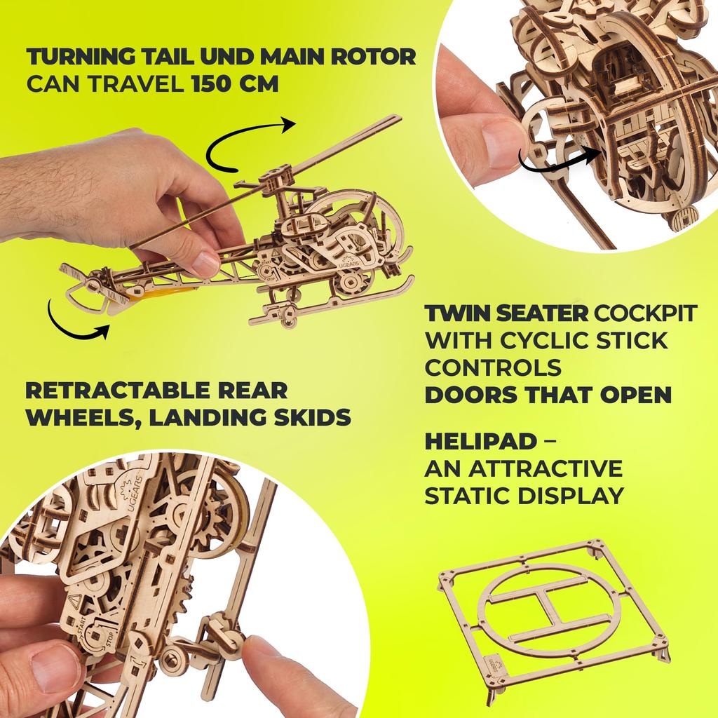 UGEARS Mini Helicopter 3D Wooden Puzzle Assembly Kit 3D Wooden Puzzle for Kids and Adults Toy Gift - -
