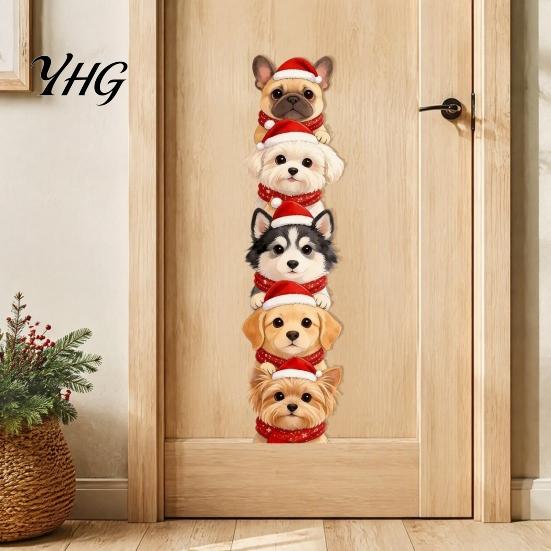 Cute Santa Dog Room Decor Christmas Puppy Wall Stickers, Removable Self-adhesive Decals for Walls Doors, PVC Stacked Puppies Self-Adhesive Art
