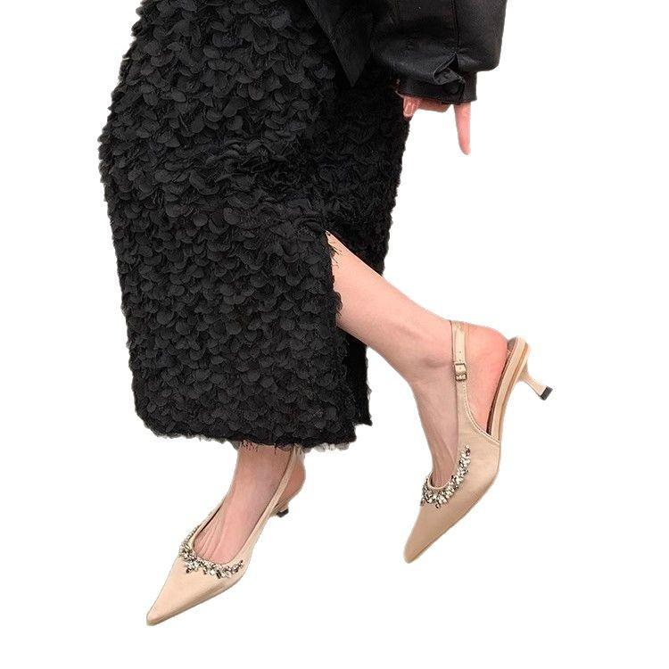 Evening shoes French temperament rhinestone single shoes pointed high heels early spring new bag head sandals with skirt fairy shoes